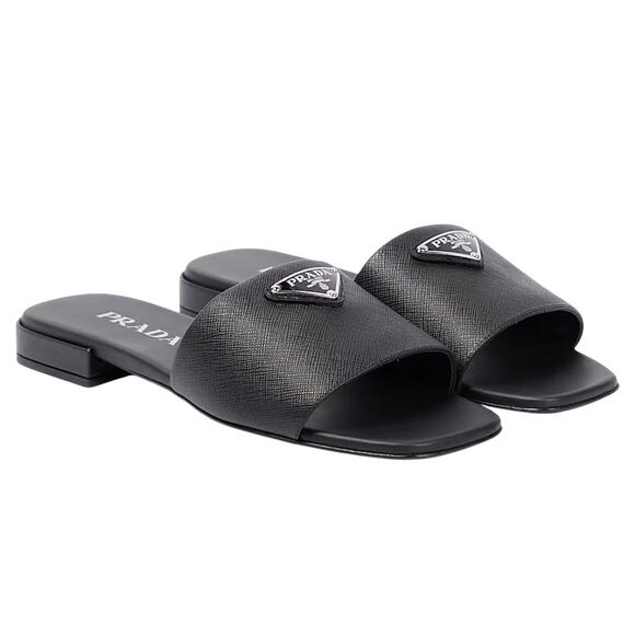 Prada Saffiano Triangle Logo Plaque Slide Flat Sandal Black Size 36.5 - Picture 1 of 11